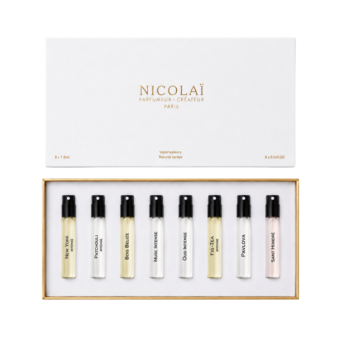 8-Sample Discovery Set — New York Intense, Intense Patchouli, Bois Bélize, Baïkal Leather, Crème Ebène, Fig-Tea Intense, Pavlova, Saint Honoré
