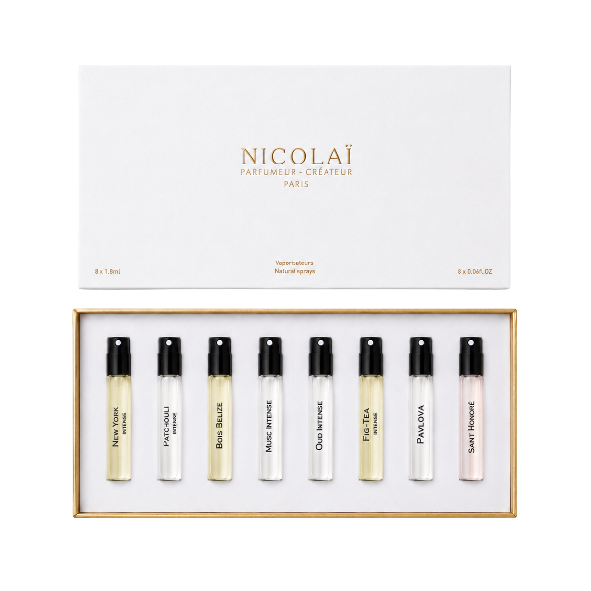 8-Sample Discovery Set — New York Intense, Intense Patchouli, Bois Bélize, Baïkal Leather, Crème Ebène, Fig-Tea Intense, Pavlova, Saint Honoré
