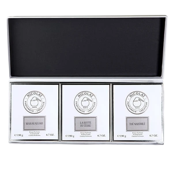 Photo de Coffret bougies 3x190g Maharadjah, La route du cèdre & Thé Narghilé